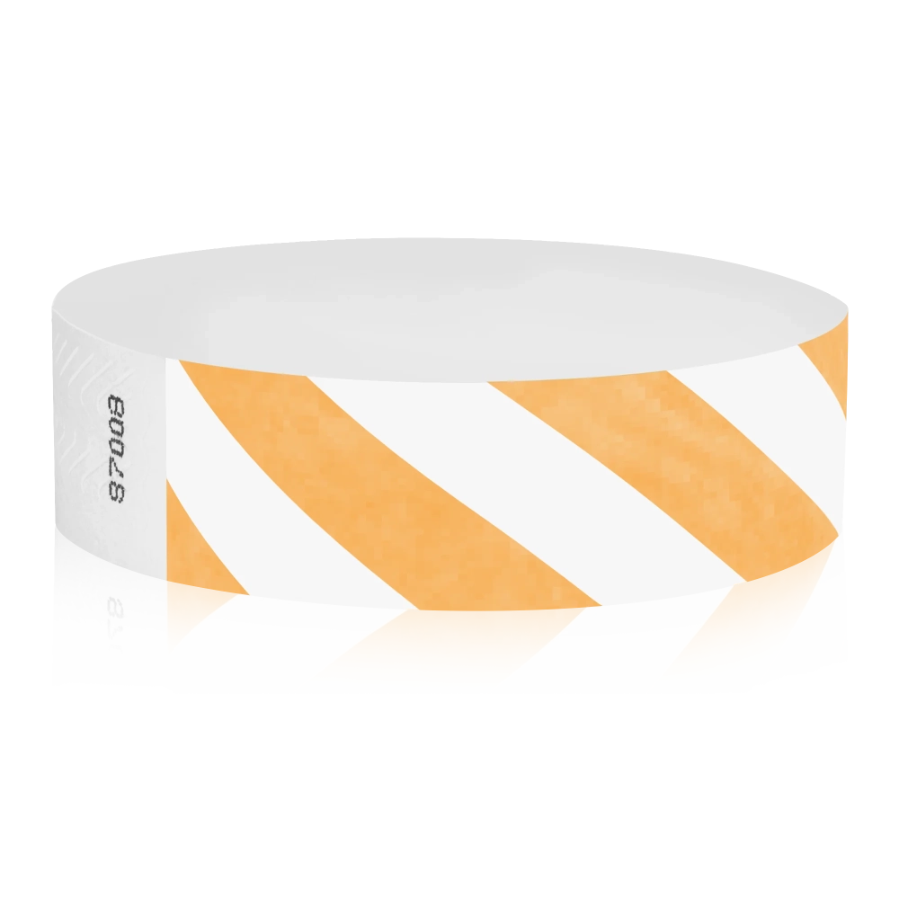 White tyvek wristband with neon orange diagonal stripes - round version shown