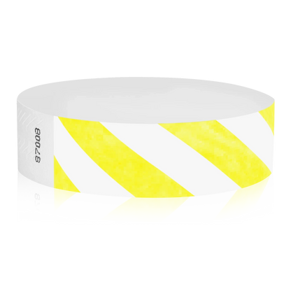 White tyvek wristband with neon yellow diagonal stripes - round version shown