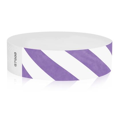 White tyvek wristband with purple diagonal stripes - round version shown