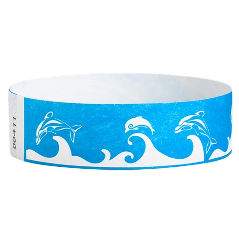 tyvek Wristband with a white dolphin and wave design on a blue background