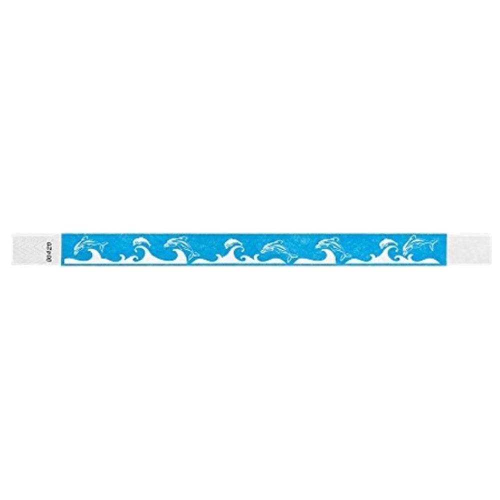 neon blue tyvek wristband with white dolphin and wave pattern - flat version shown