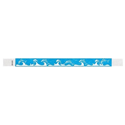 neon blue tyvek wristband with white dolphin and wave pattern - flat version shown