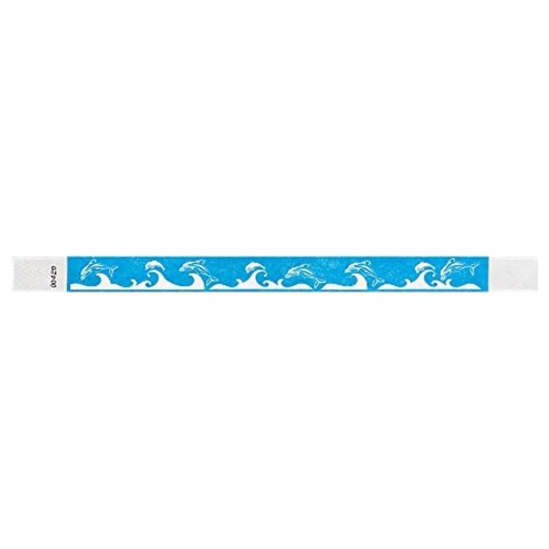 neon blue dolphin and wave pattern on a white tyvek wristband