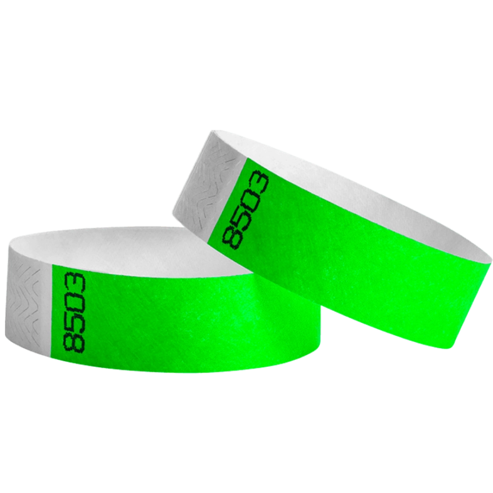 duplicate number sets in neon green tyvek 3/4" wristbands - shown in round 