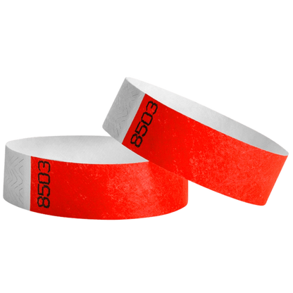 duplicate number sets in neon red tyvek 3/4" wristbands - shown in round 