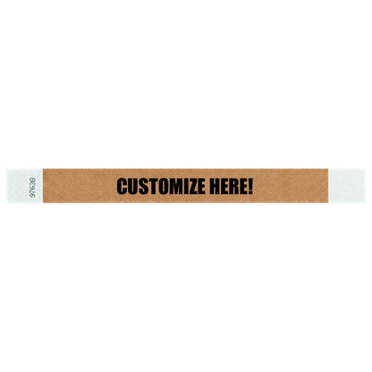 Tyvek 1" wristband in solid mocha with black text "CUSTOMIZE HERE!" - shown in flat 