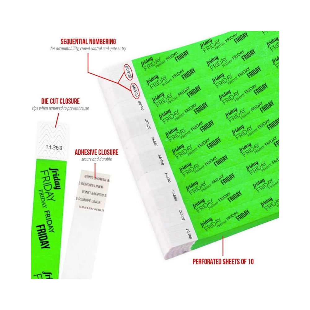 Product packaging with die cut closure, sequential numbering, durable adhesive closure, and perforated sheets of 10; shown in a neon green tyvek wristband with black friday text repeated