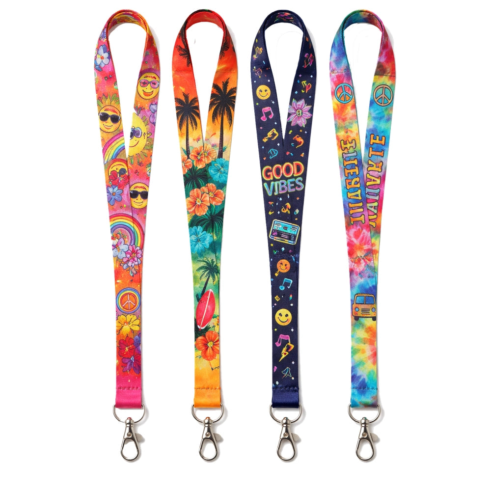 Four colorful lanyards with various designs on polyester sublimation