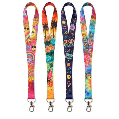 Four colorful lanyards with various designs on polyester sublimation