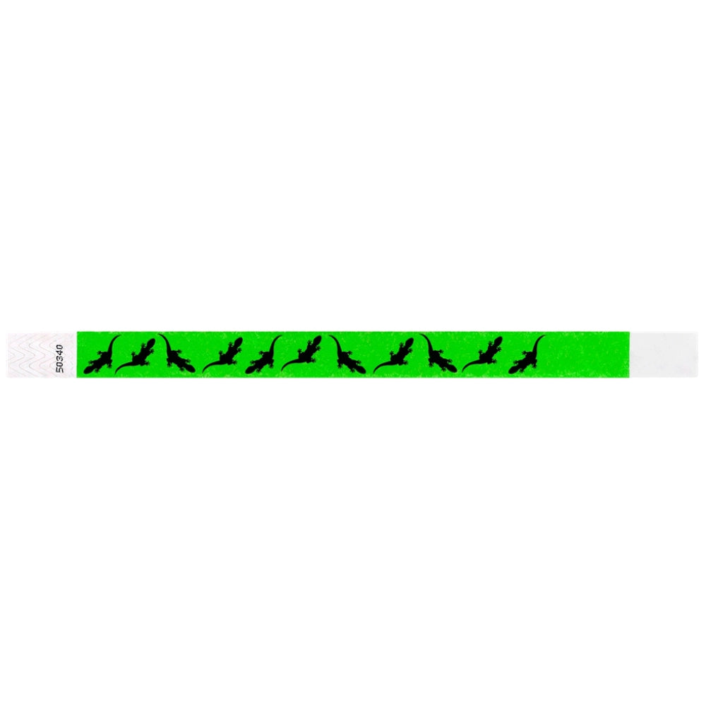 Neon green wristband with black geckos - shown as a flat wristband 
