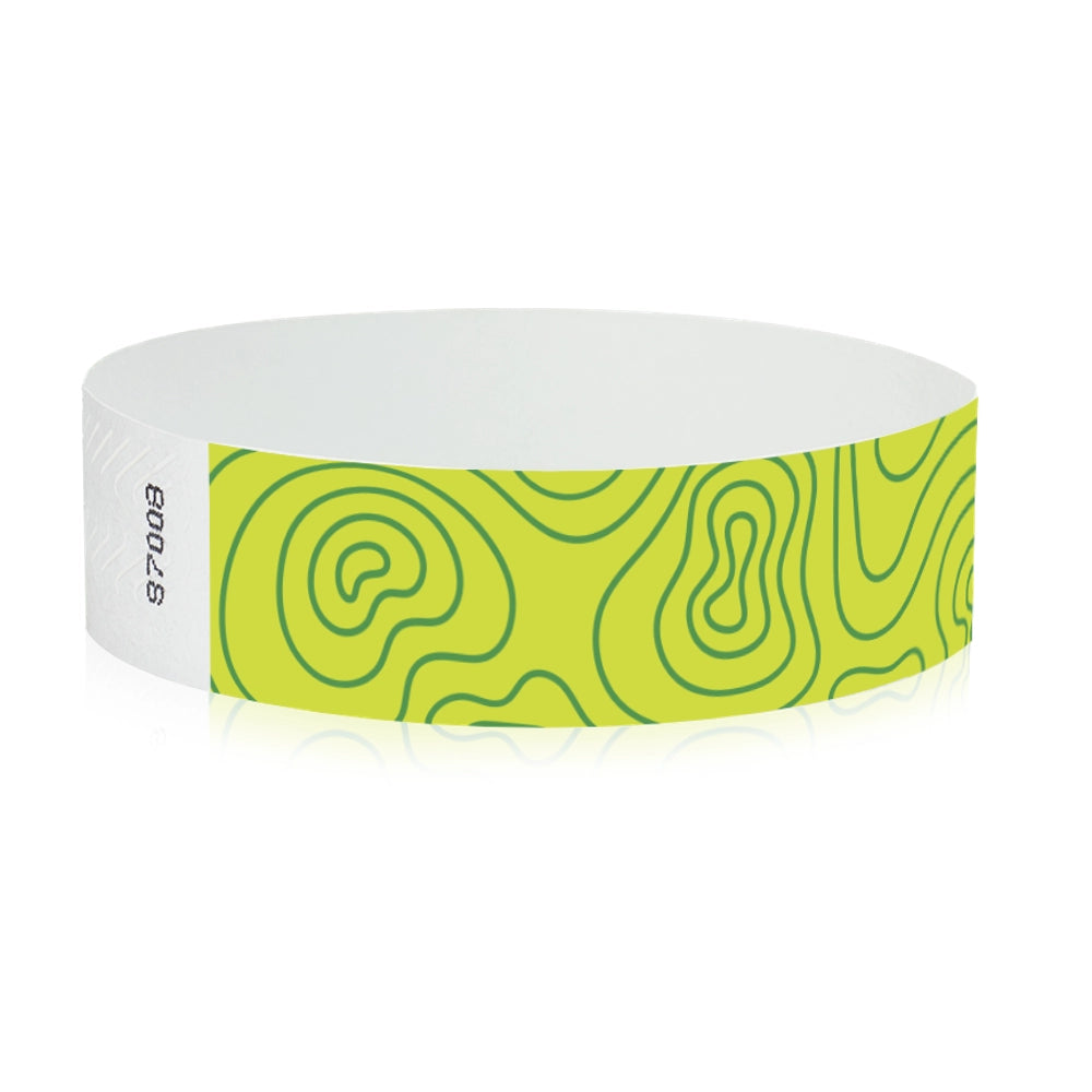 lime green tyvek wristband with kelly green topographic map design - round version shown