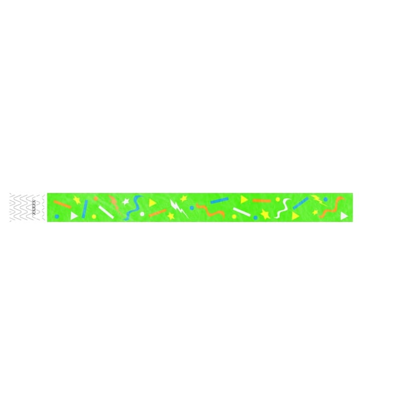 neon green wristband with a confetti pattern in neon orange, white, neon yellow and neon blue - flat version shown