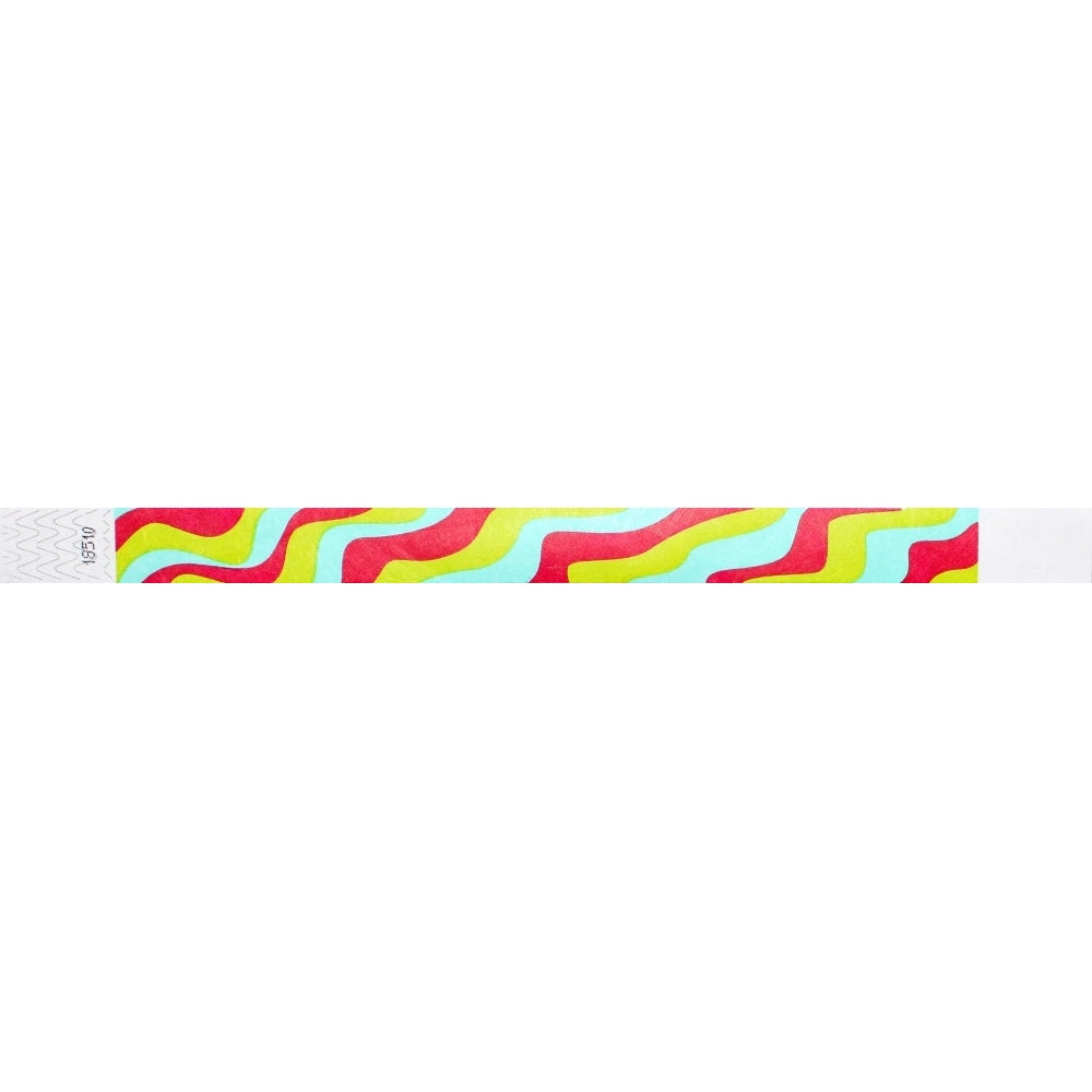 aqua, neon red, neon yellow wavy stripe pattern on a tyvek wristband - flat version shown
