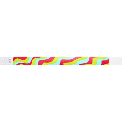 aqua, neon red, neon yellow wavy stripe pattern on a tyvek wristband - flat version shown