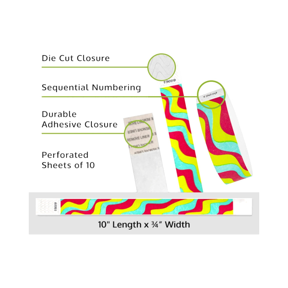 tyvek 3/4" wristband in neon red, neon yellow and aqua groovy stripe pattern specification sheet