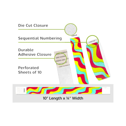 tyvek 3/4" wristband in neon red, neon yellow and aqua groovy stripe pattern specification sheet