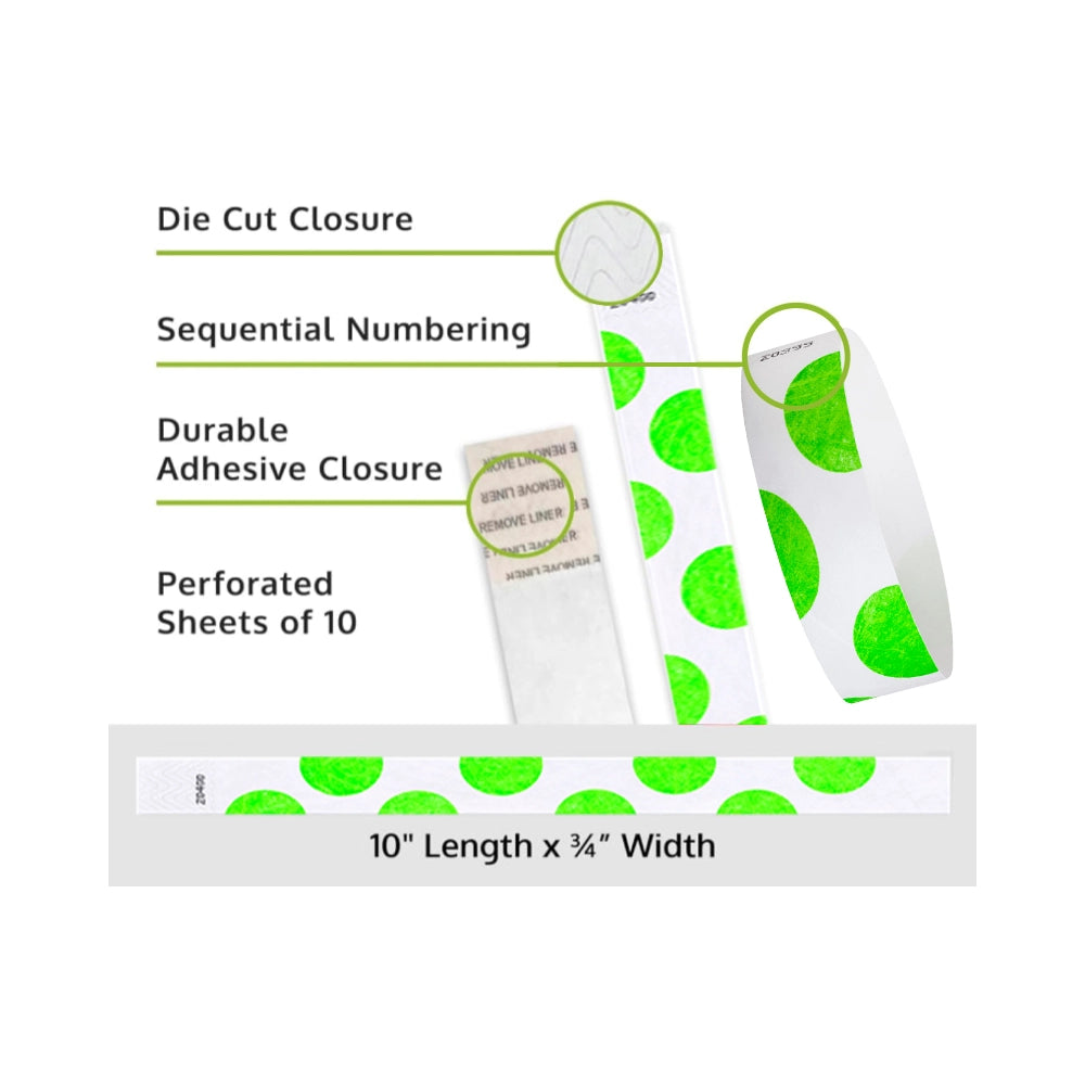 Product packaging with die cut closure, sequential numbering, durable adhesive closure, and perforated sheets of 10; shown with a white tyvek wristbands with neon green half circle pattern