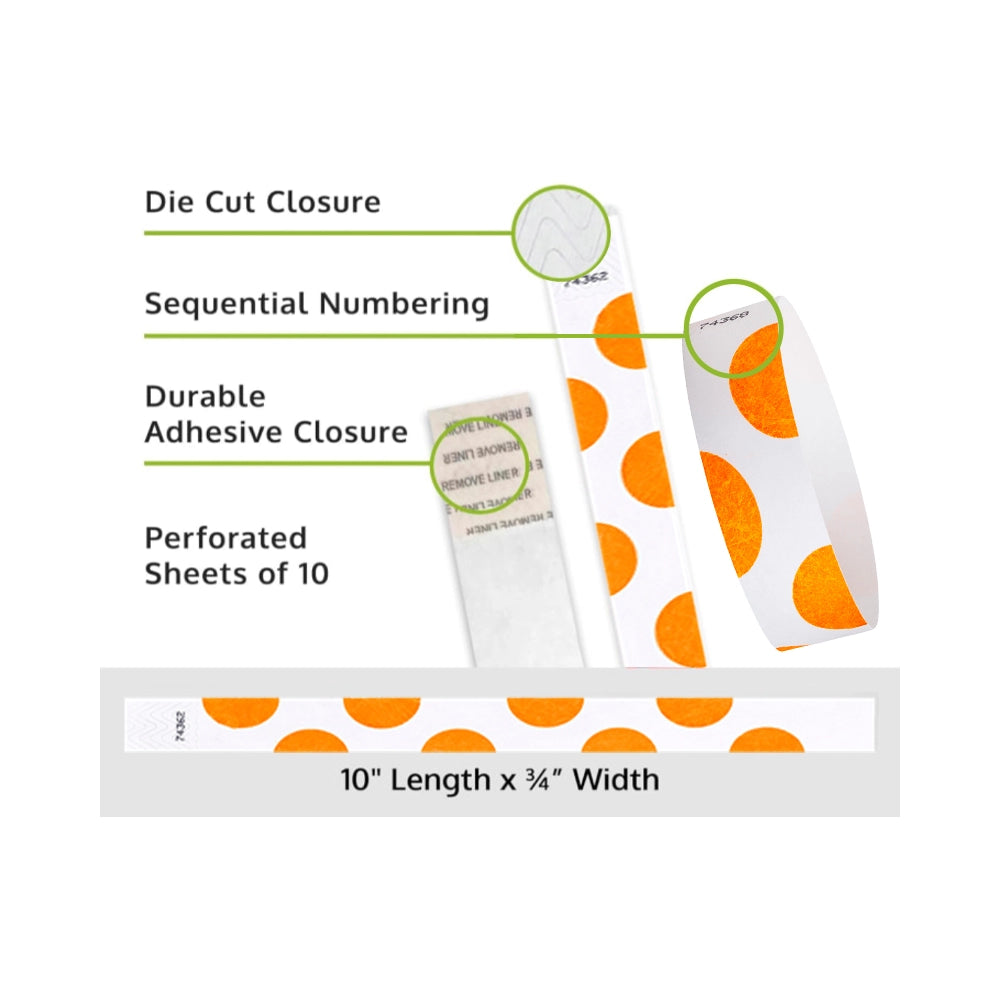 Product packaging with die cut closure, sequential numbering, durable adhesive closure, and perforated sheets of 10; shown with a white tyvek wristbands with neon orange half circle pattern