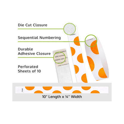 Product packaging with die cut closure, sequential numbering, durable adhesive closure, and perforated sheets of 10; shown with a white tyvek wristbands with neon orange half circle pattern