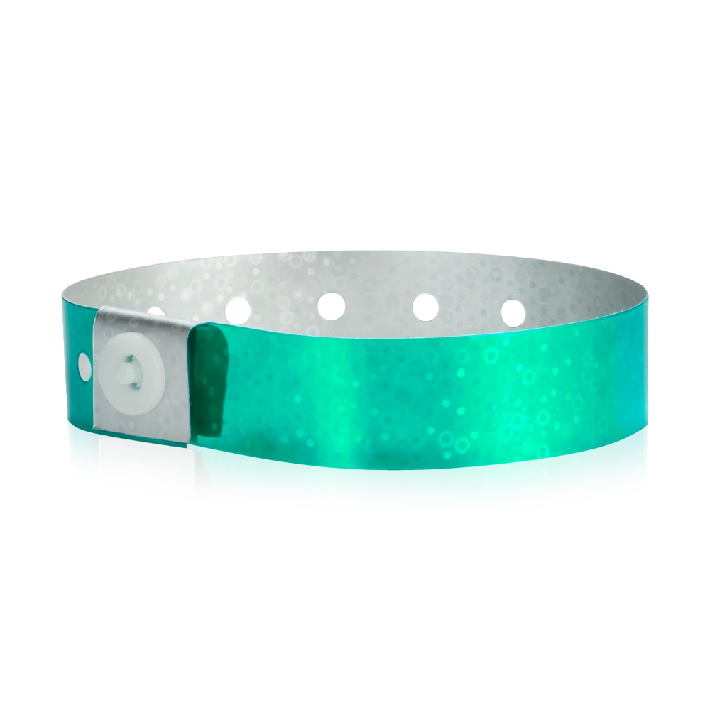 plastic holographic wristband in aqua - shown in round