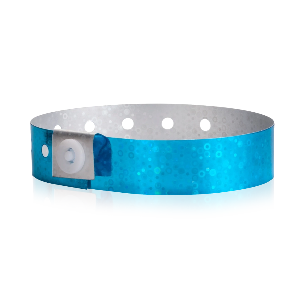 Plastic holographic wristband in blue - round version shown 