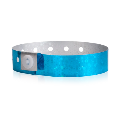 plastic holographic wristband in blue - shown in round