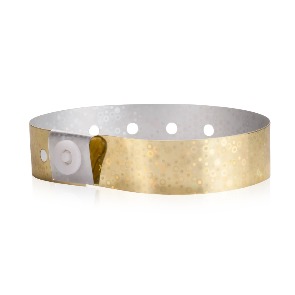 plastic holographic wristband in gold - shown in round