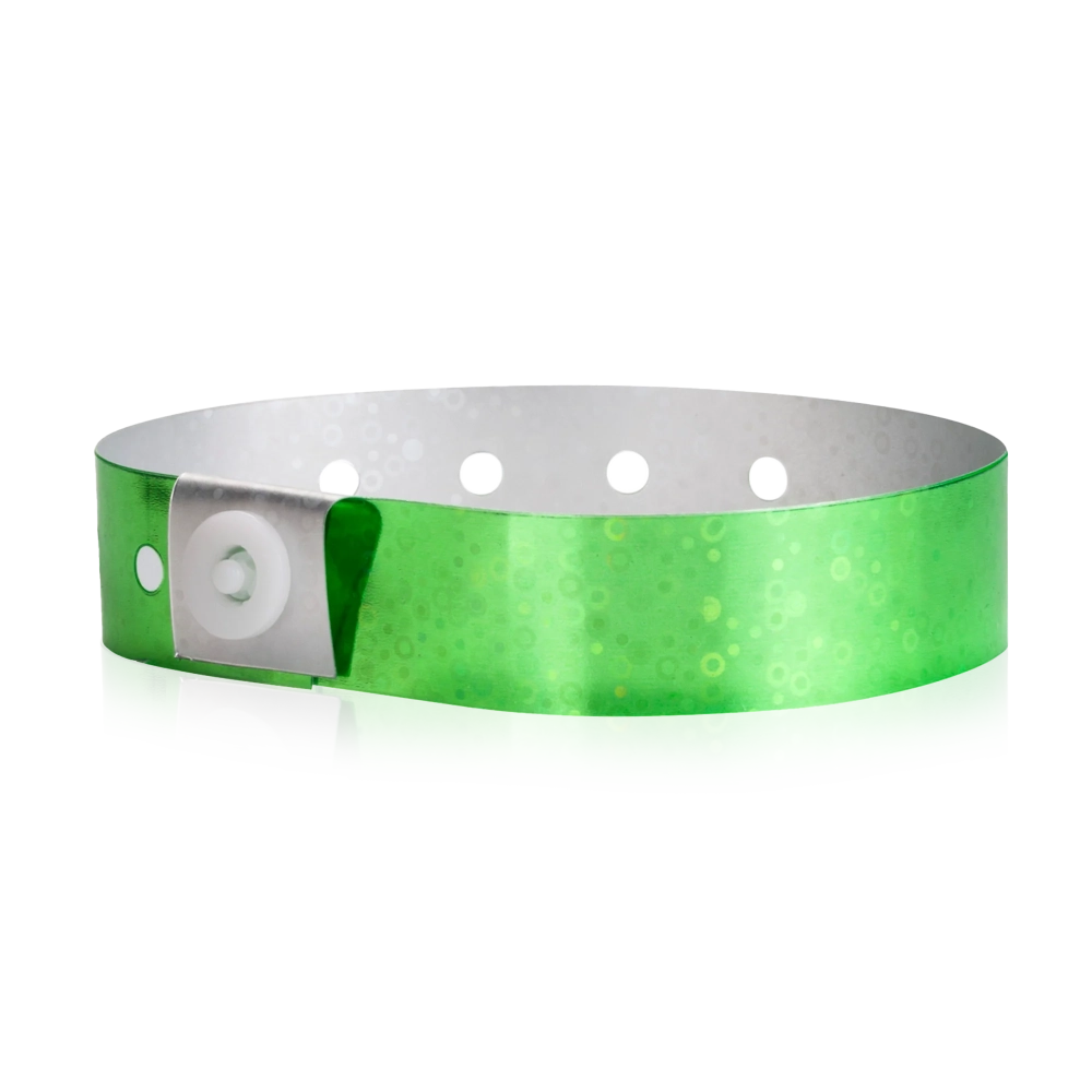 plastic holographic wristband in green - shown in round
