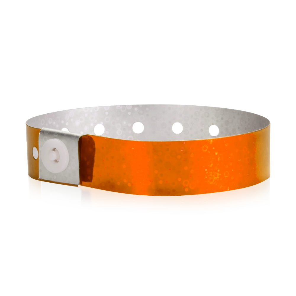plastic holographic wristband in orange - shown in round