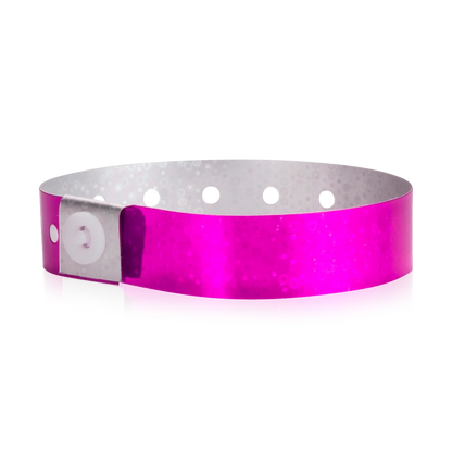 plastic holographic wristband in pink - shown in round