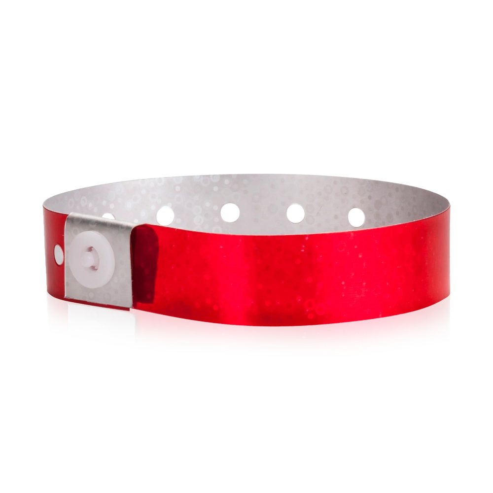 plastic holographic wristband in red - shown in round