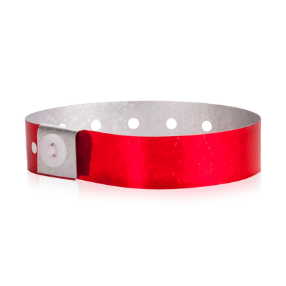 plastic holographic wristband in red - shown in round