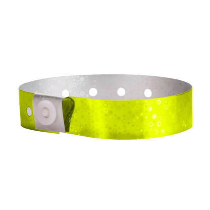plastic holographic wristband in yellow - shown in round