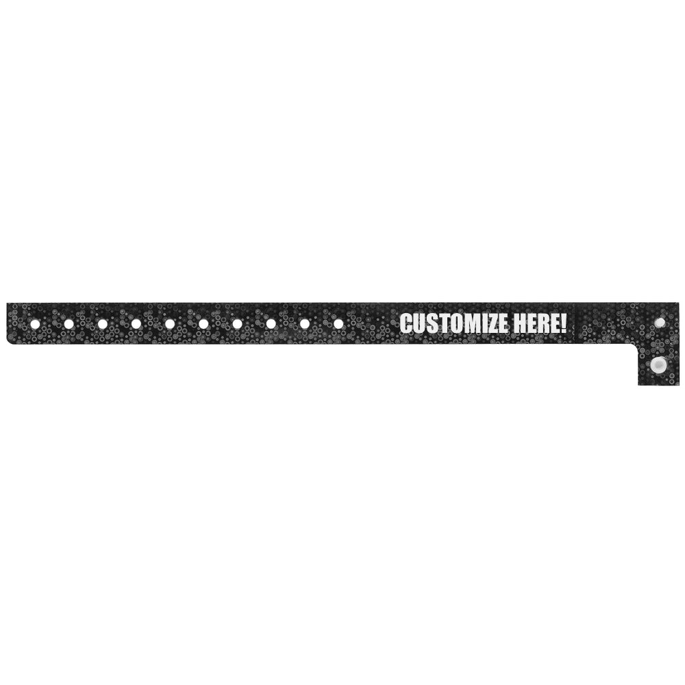 plastic holographic wristband in black with white text "CUSTOMIZE HERE!" - shown in flat 