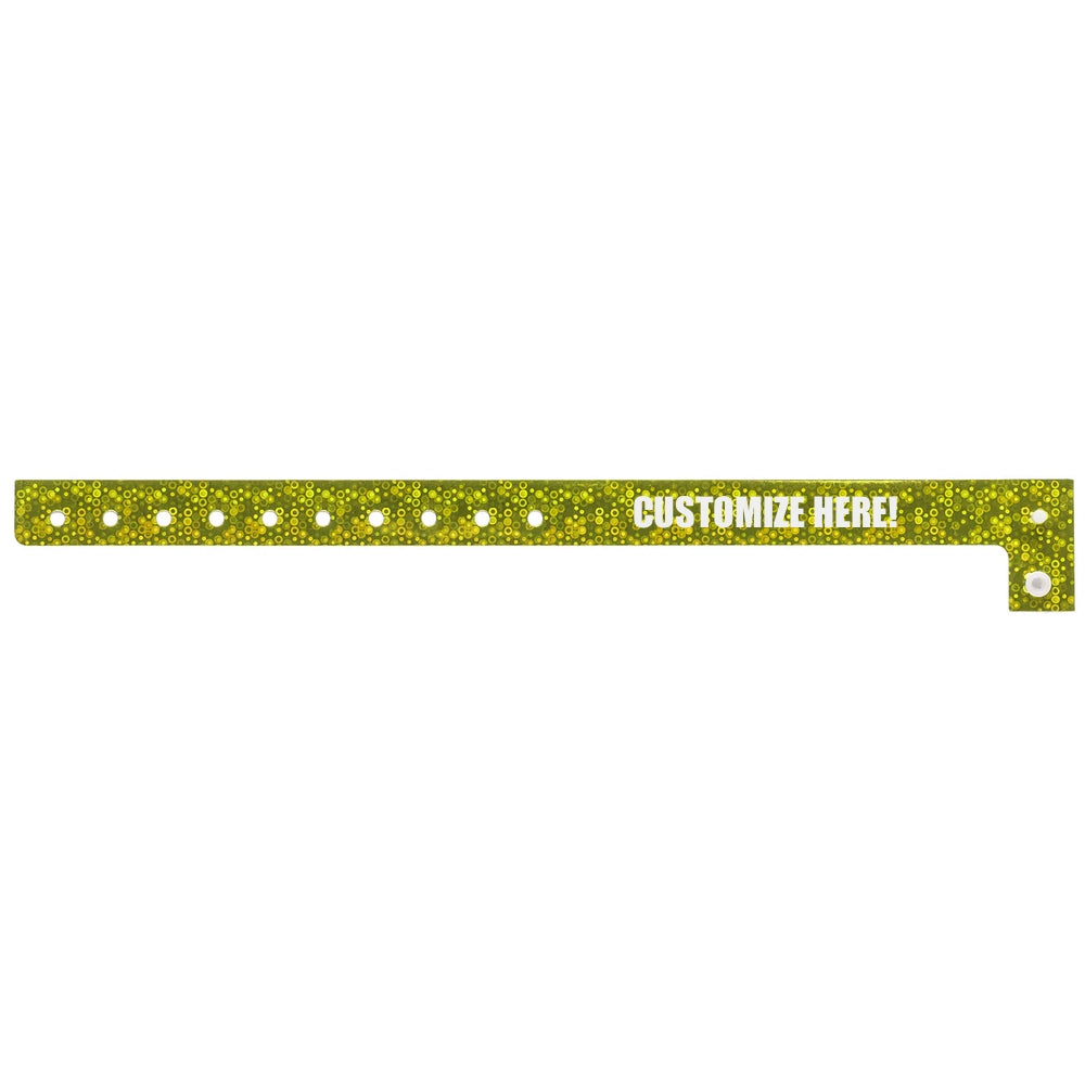plastic holographic wristband in yellow with white text "CUSTOMIZE HERE!" - shown in flat 