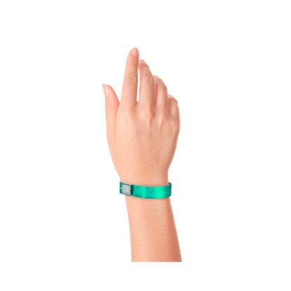 Wrist wearing Plastic holographic wristband in aqua