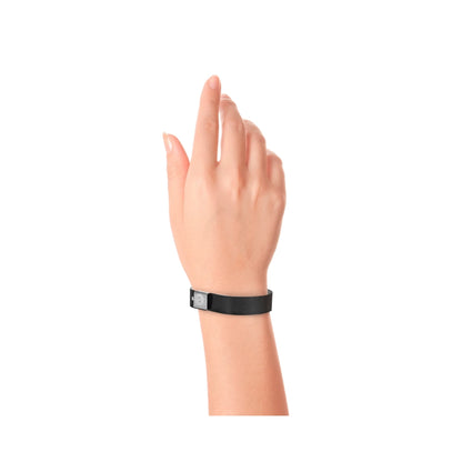 plastic holographic wristband in black - shown on hand 