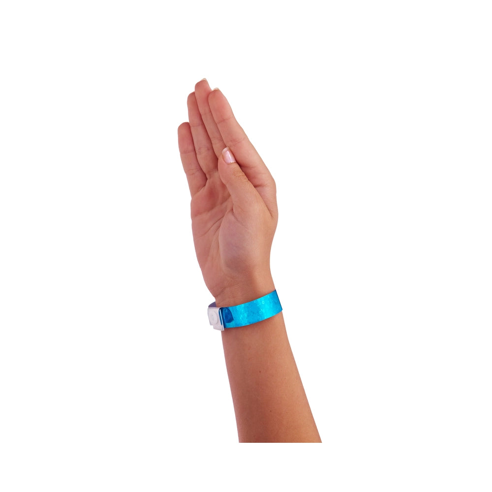 plastic holographic wristband in blue - shown on hand 