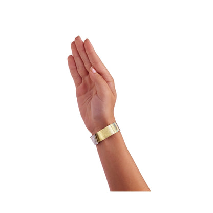 plastic holographic wristband in gold - shown on hand 