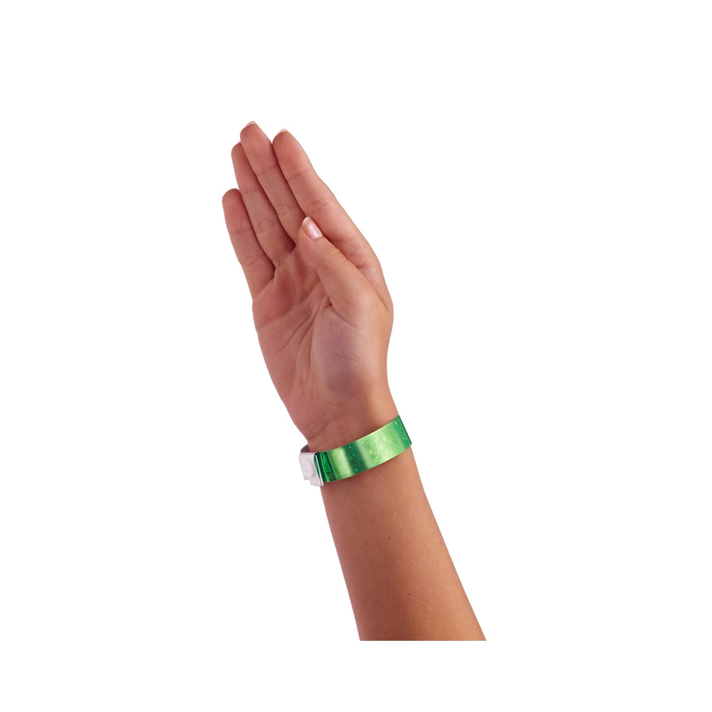 plastic holographic wristband in green - shown on hand 