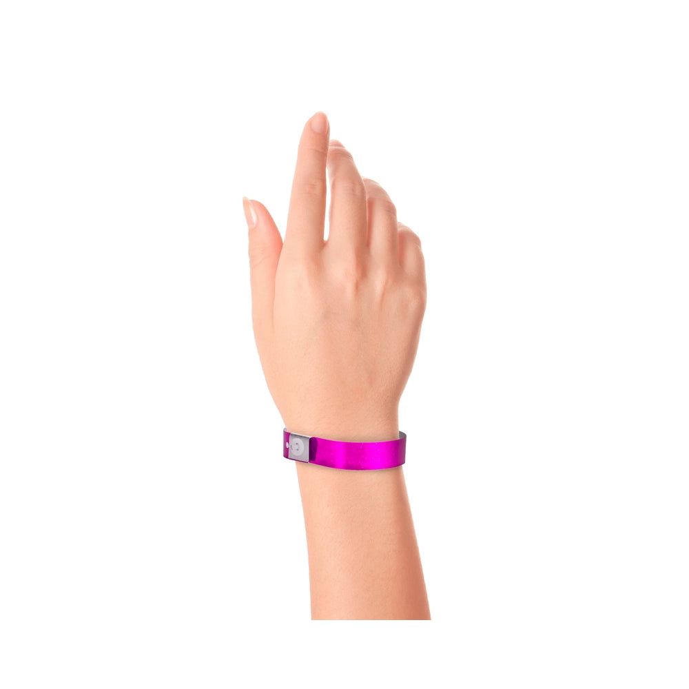 plastic holographic wristband in pink - shown on hand 
