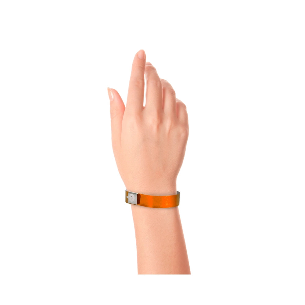 plastic holographic wristband in orange - shown on hand 