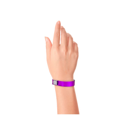 plastic holographic wristband in purple - shown on hand 