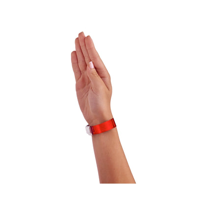 plastic holographic wristband in red - shown on hand 
