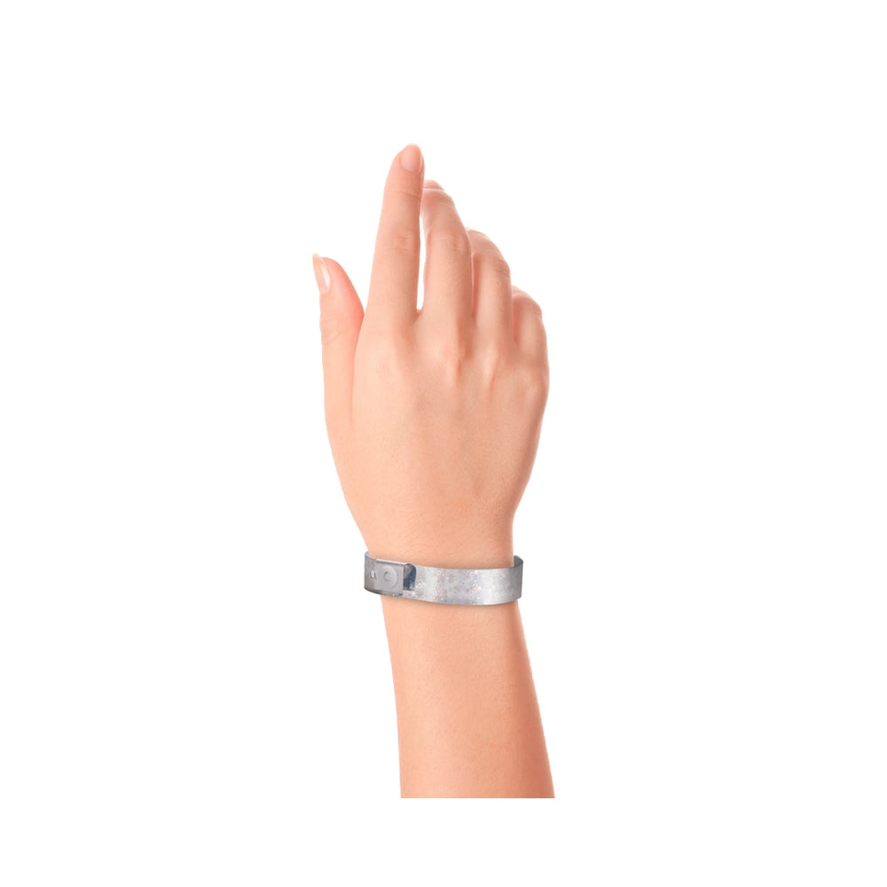 plastic holographic wristband in silver - shown on hand 