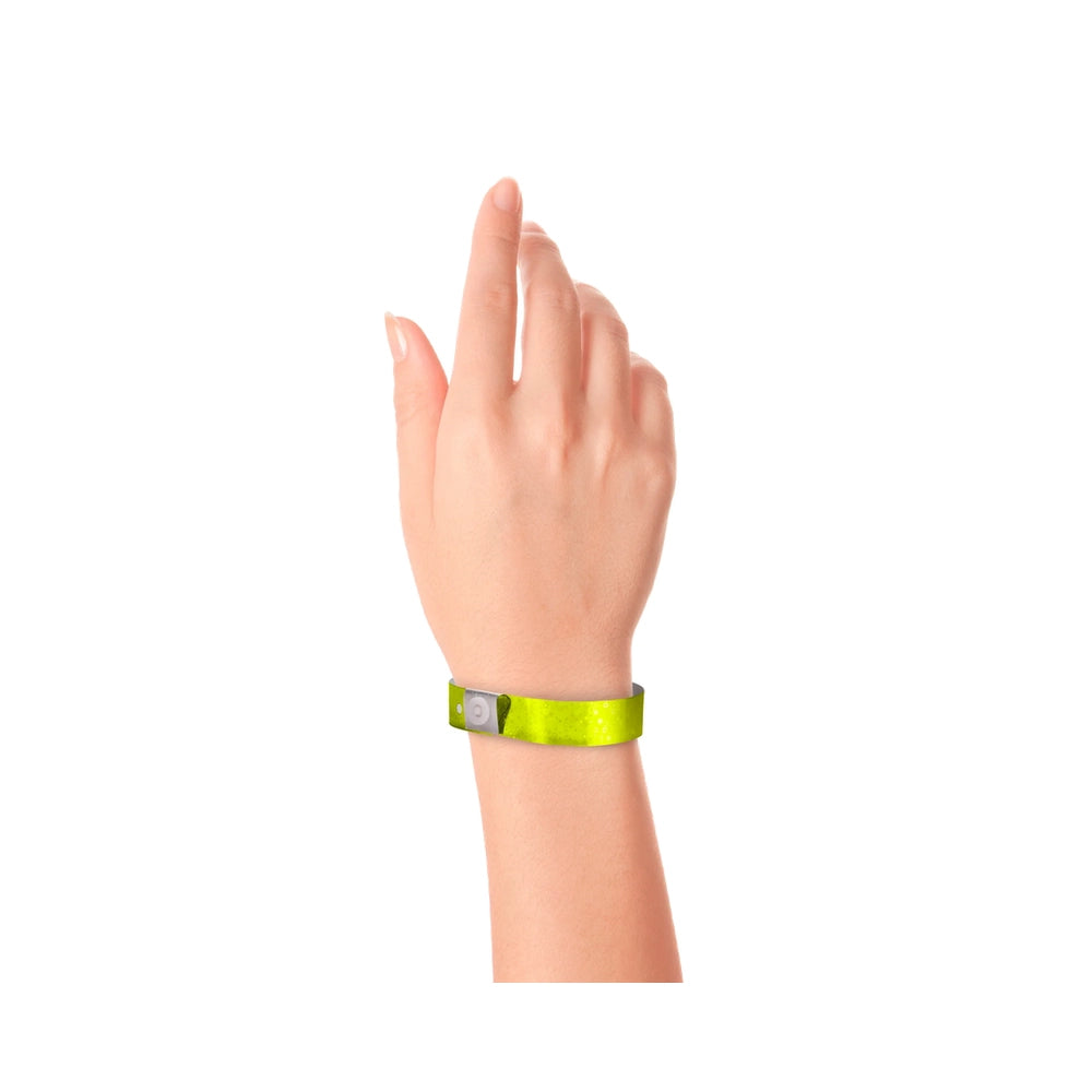 plastic holographic wristband in yellow - shown on hand 