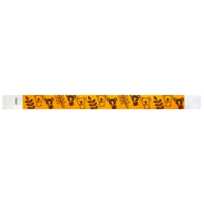 neon orange tyvek wristband with black koalas and leaves - flat version shown