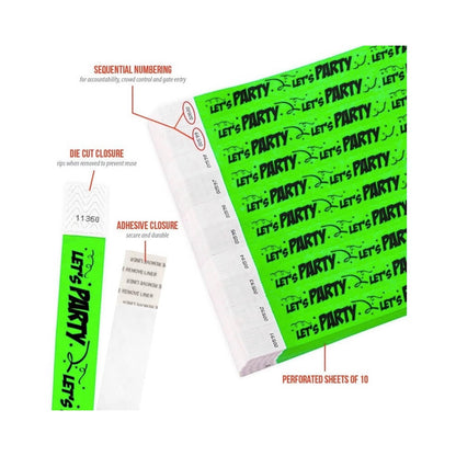 let's party tyvek wristband detail product page showing the die cut adhesive closure, sequential numbering, perforated sheets of 10 and the dimensions.