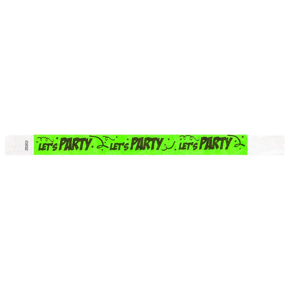 neon Green tyvek wristband with 'Let's Party' text in black - flat version shown