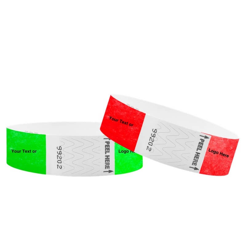 tyvek 3/4" solid litter free wristbands in neon green and neon red shown with a placeholder for customizing wristbands.